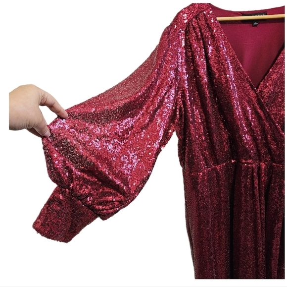 Eloquii cherry burgundy red sequins puff long sleeve v-neck midi wrap dress 20 - Picture 5 of 15